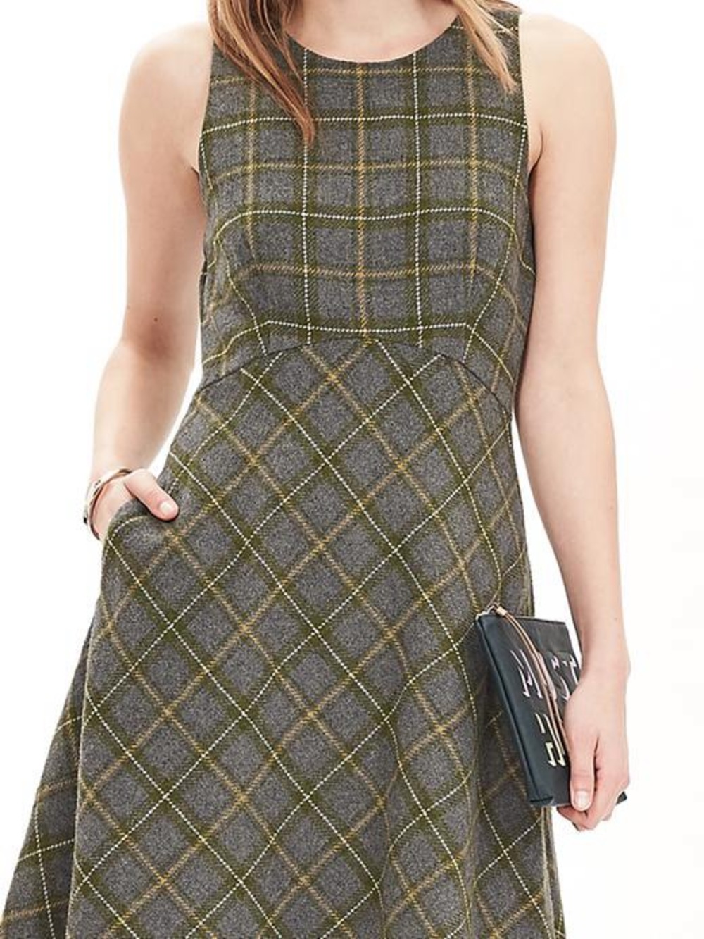Banana Republic Sleeveless Plaid Fit-and-Flare Wool Dress-Gray Sky-Women Size 10